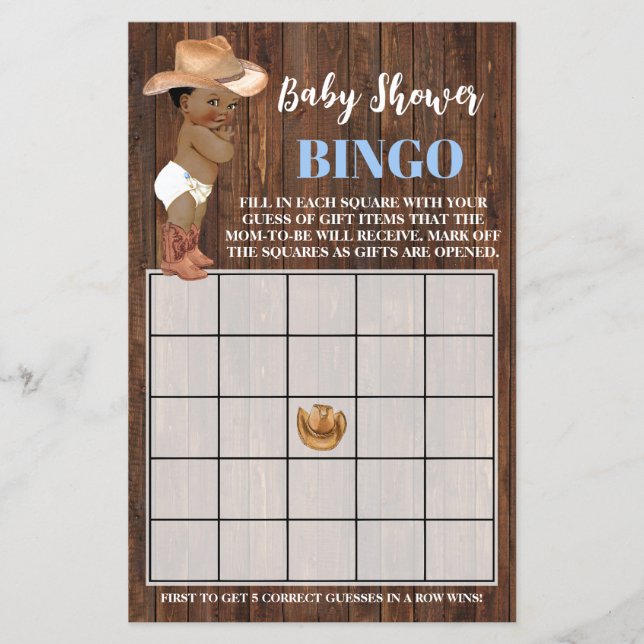Little AA Cowboy Blue Baby Shower Bingo Game Card Flyer (Front)