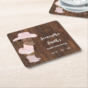 Little AA Cowgirl Western Baby Shower Party Decor Square Paper Coaster