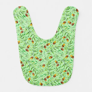 Little Acorn Leaf Pattern Green White Baby Bib