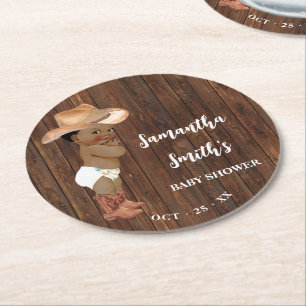 Little African American Cowboy Western Baby Shower Round Paper Coaster