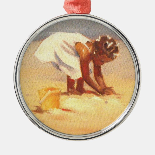Little African Girl on Beach Metal Ornament (Front)