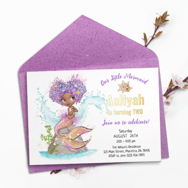 Little Afroamerican Mermaid Birthday Real Foil Inv Foil Invitation (Creator Uploaded)