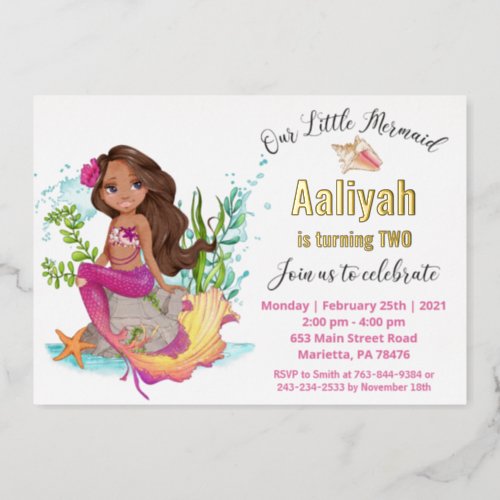 Little Afroamerican Mermaid Birthday Real Foil Inv Foil Invitation