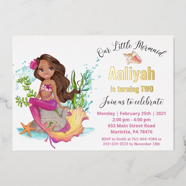 Little Afroamerican Mermaid Birthday Real Foil Inv Foil Invitation (Front)