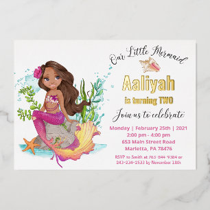 Little Afroamerican Mermaid Birthday Real Foil Inv Invitation