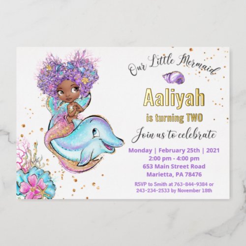 Little Afroamerican Mermaid Birthday Real Foil Invitation