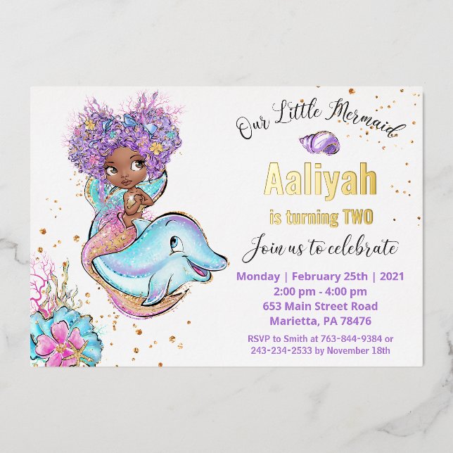 Little Afroamerican Mermaid Birthday Real Foil Invitation (Front)