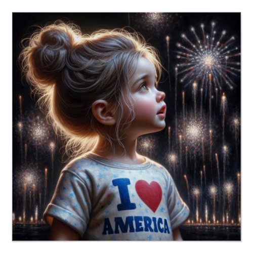 Little American Girl Watching Fireworks Poster