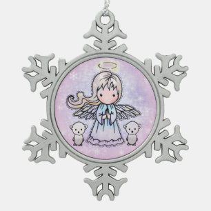 Little Angel and Polar Bears Snowflake Pewter Christmas Ornament