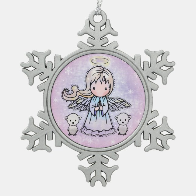 Little Angel and Polar Bears Snowflake Pewter Christmas Ornament (Front)