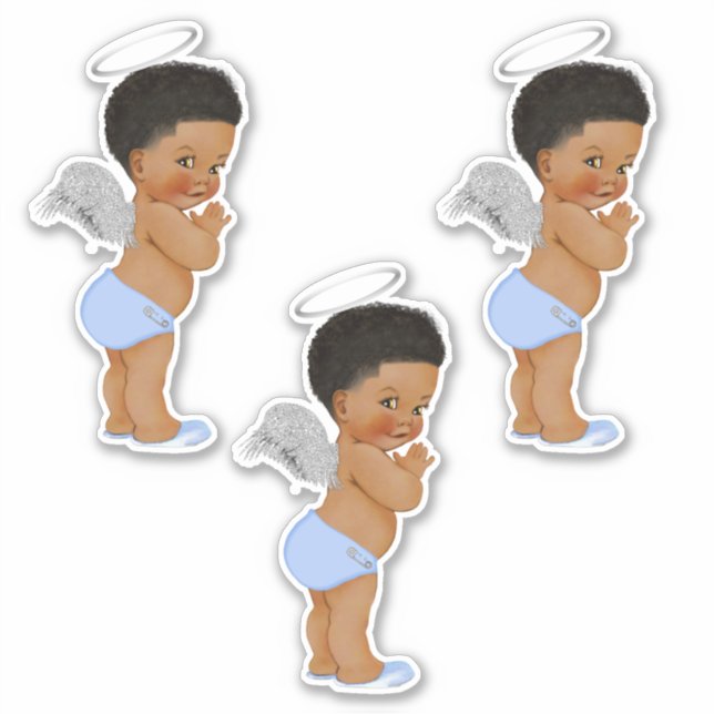 Little Angel Baby Boy Light Blue Silver Wings Halo Sticker (Front)