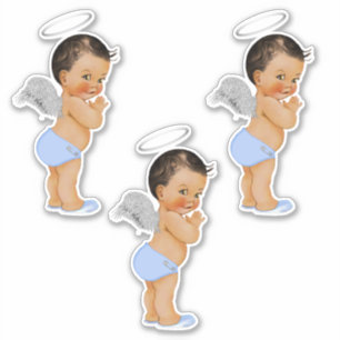 Little Angel Baby Boy Light Blue Silver Wings Halo Sticker