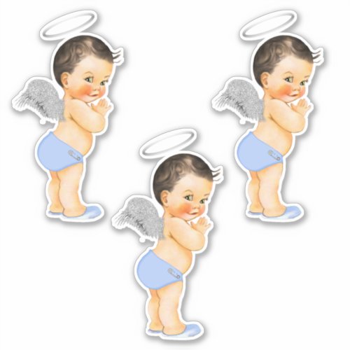 Little Angel Baby Boy Light Blue Silver Wings Halo Sticker