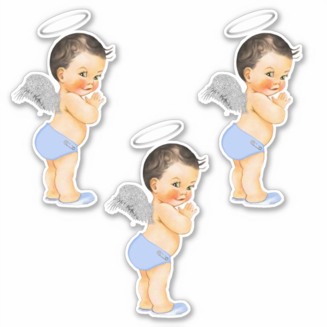 Little Angel Baby Boy Light Blue Silver Wings Halo Sticker (Front)