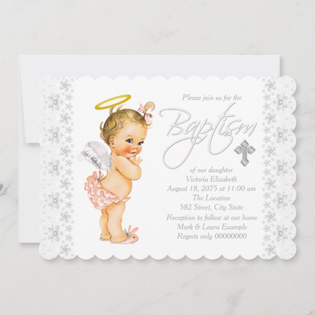 Little Angel Baby Girl Baptism Invitation (Front)