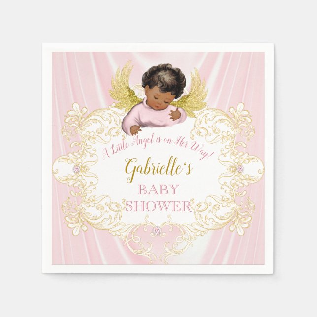 Little Angel Pink Gold Girl African American Napkins (Front)