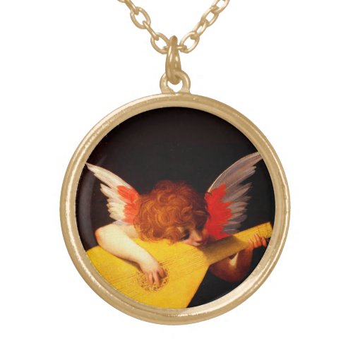 LITTLE ANGEL PLAYING LUTE Music Making Cherub Gold Plated Necklace