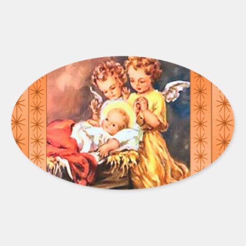 Little angels at the manger oval sticker