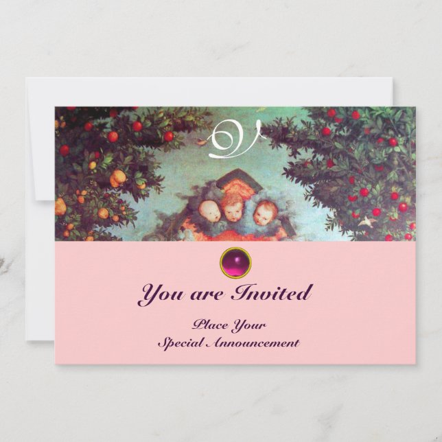 LITTLE ANGELS MONOGRAM bright antique blue pink Invitation (Front)