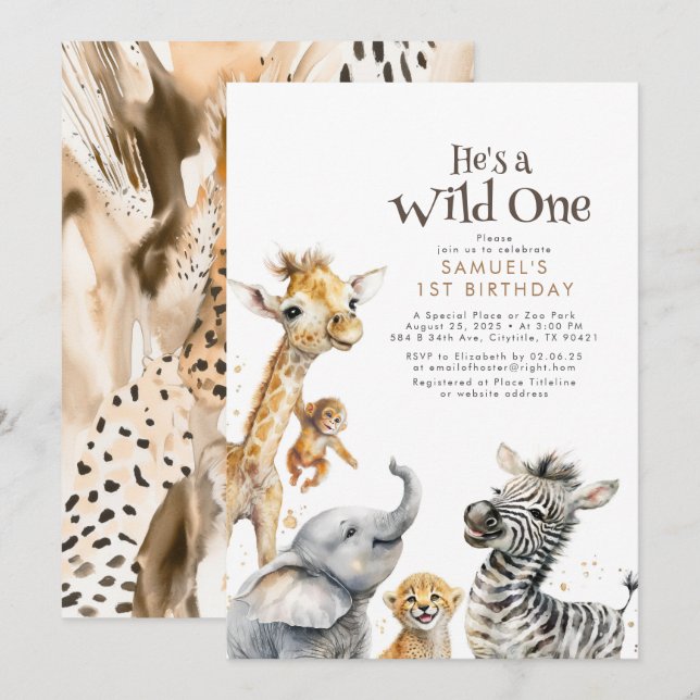Little Animals Jungle Safari Wild One 1st Birthday Invitation (Front/Back)