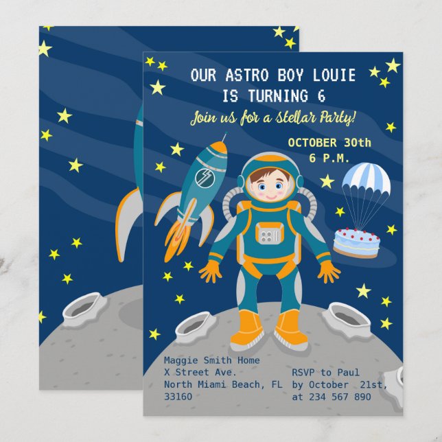 Little astronaut  boy dreams Birthday Party Invitation (Front/Back)