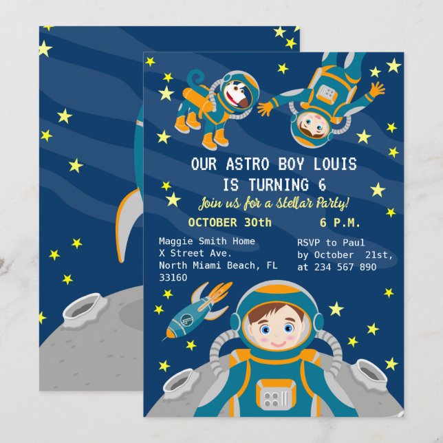 Little astronaut  boy dreams Birthday Party Invitation (Front/Back)
