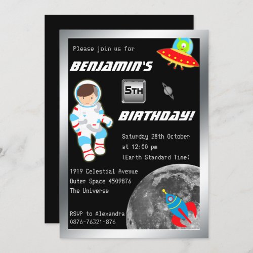 Little Astronaut in Outer Space Birthday Invitation