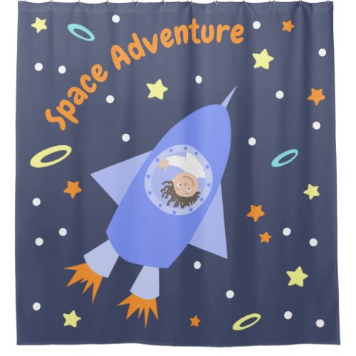 Little astronaut on rocket shower curtain