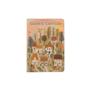 Little Autumn Village Painting Travel PERSONALIZED Passport Holder