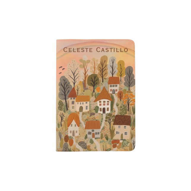 Little Autumn Village Painting Travel PERSONALIZED Passport Holder (Front)
