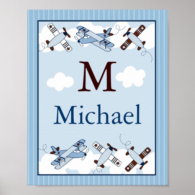 Little Aviator Airplane Wall Art Name Print (Front)