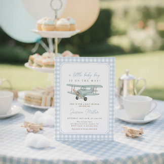 Little Aviator Blue Gingham Boy Baby Shower Invitation