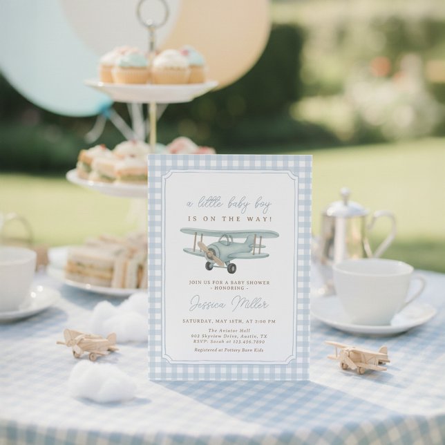 Little Aviator Blue Gingham Boy Baby Shower Invitation (Creator Uploaded)