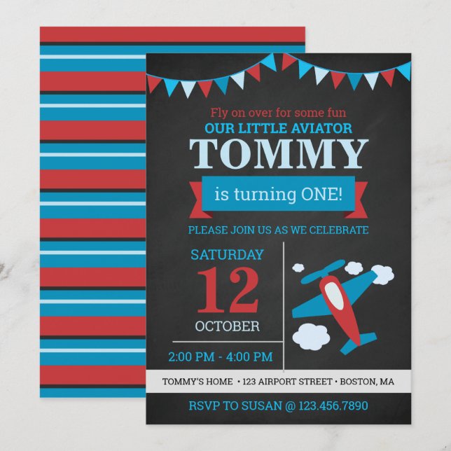 Little Aviator cute airplane chalkboard birthday Invitation (Front/Back)