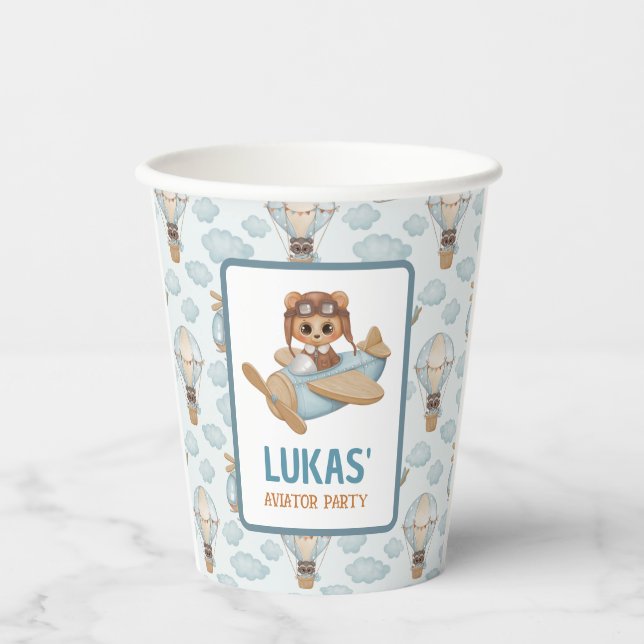 Little Aviator Party Baby Bear Pastel Birthday Pap Paper Cups (Front)