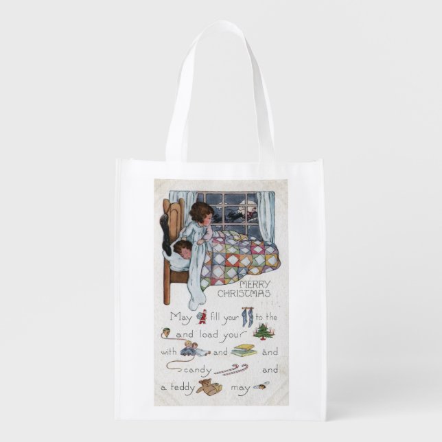 Little Awaken Girl Spies Santa and Sleigh Grocery Bag (Front)