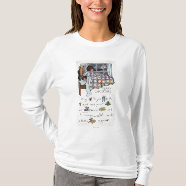 Little Awaken Girl Spies Santa and Sleigh T-Shirt (Front)