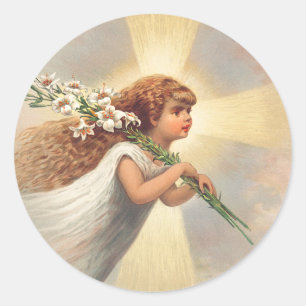 Little baby angel holding lilies classic round sticker