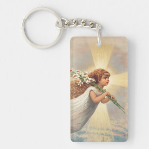 Little baby angel holding lilies keychain