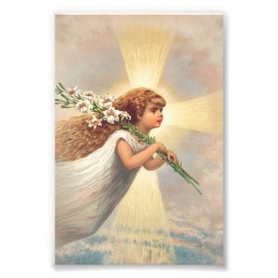 Little baby angel holding lilies photo print