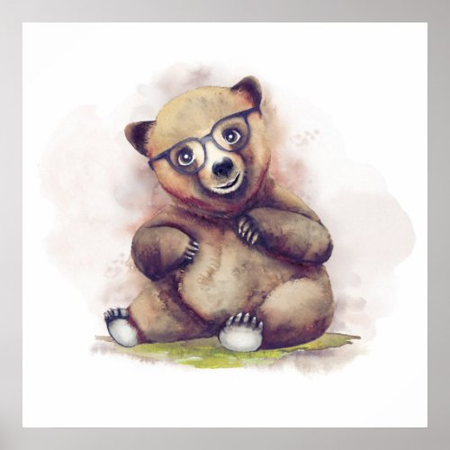 Little Baby Bear with Glasses Cute Watercolor Poster