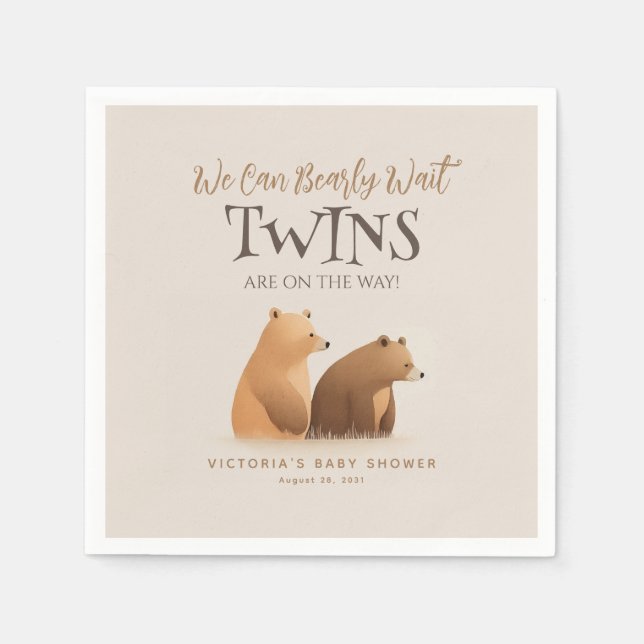 Little Baby Bears Twins Brown Baby Shower Napkins (Front)
