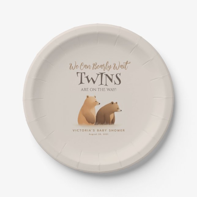 Little Baby Bears Twins Brown Baby Shower Paper Plates (Front)