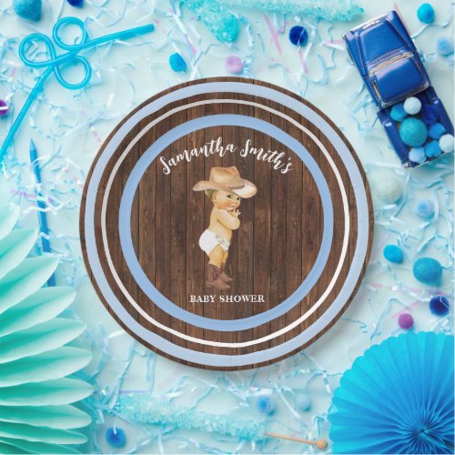 Little Baby Cowboy Western Blue Baby Shower Paper Plates