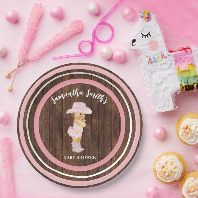 Little Baby Cowgirl Western Pink Baby Shower Paper Plates (Party)