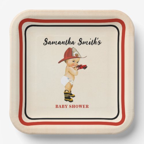 Little Baby Firefighter Baby Shower Cream Red Paper Plates