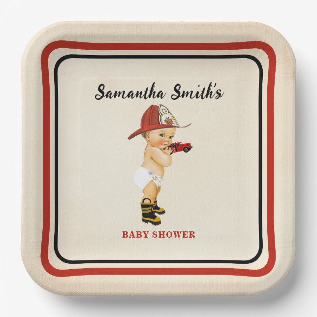Little Baby Firefighter Baby Shower Cream Red Paper Plates (Front)