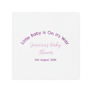 little baby is on its way baby shower name pink pu metal print