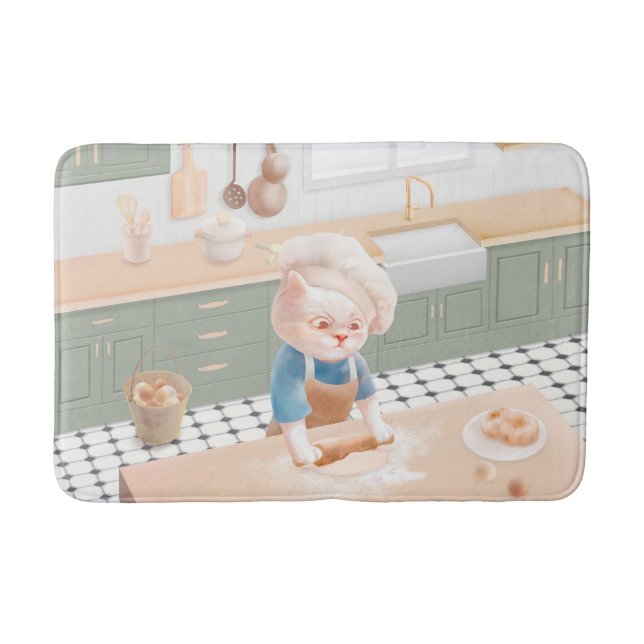 Little Baker Cat: Cozy Morning Kneading Art Bath Mat (Front)