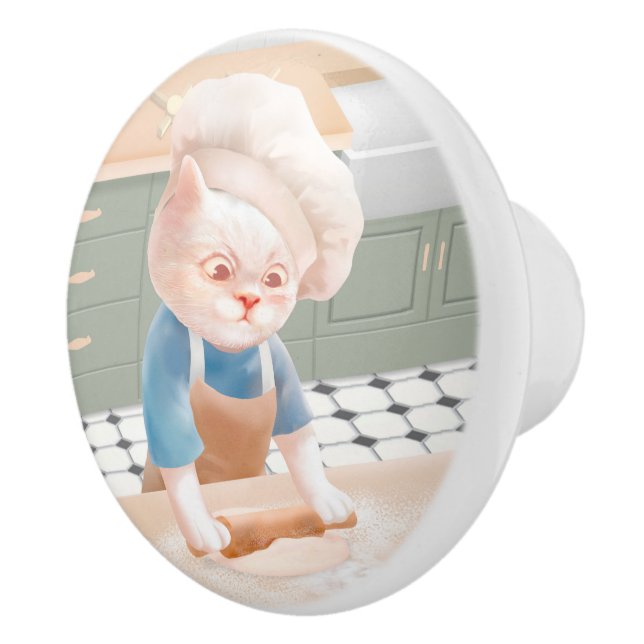 Little Baker Cat: Cozy Morning Kneading Art Ceramic Knob (Right)